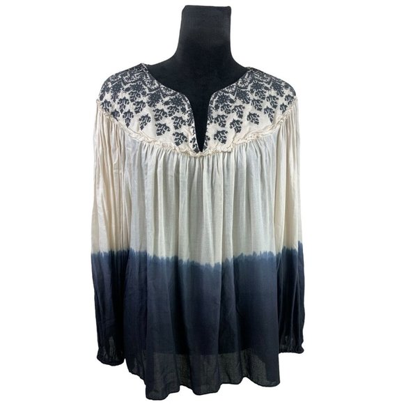 Anthropologie Floreat Gauzy Embroidered Boho Blouse Size M Relaxed Ivory/Blue - Picture 1 of 9